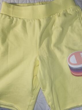 Champion Pastel Yellow Athletic Shorts with Rainbow Logo